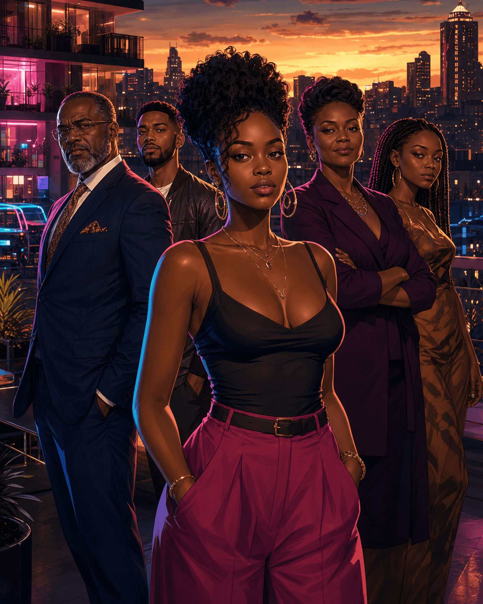 A young Kenyan woman and four supporting characters overlooking Nairobi at sunset